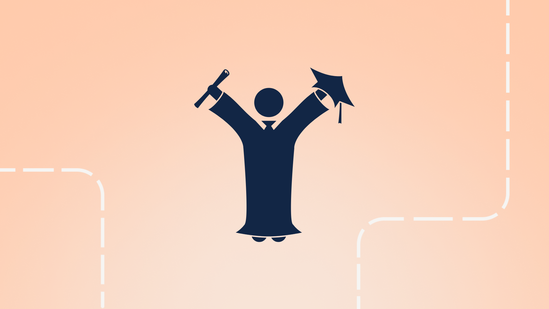 A figure holding a diploma and a graduation cap. 