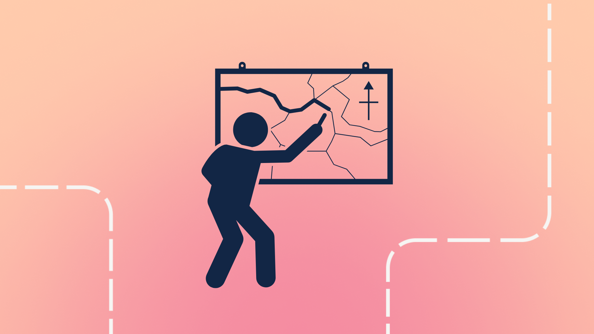 A stick figure drawing a path on a map. 