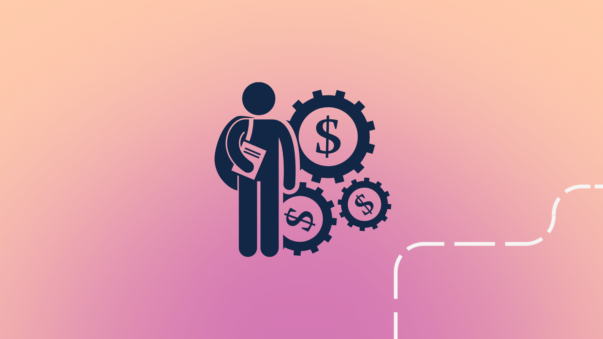 A student standing in front of gears with dollar signs in them. 