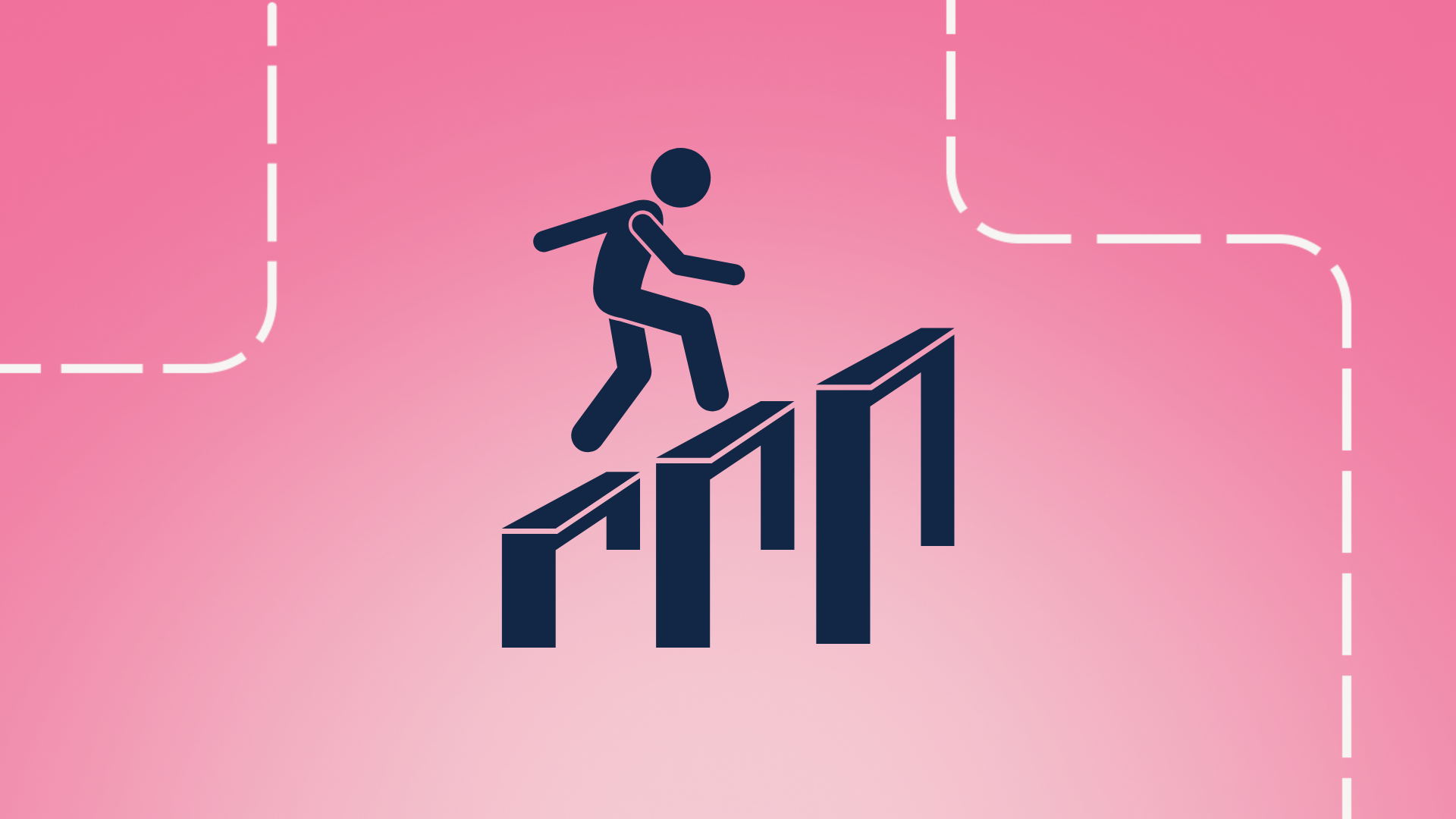 A figure taking big steps from one platform to another. 