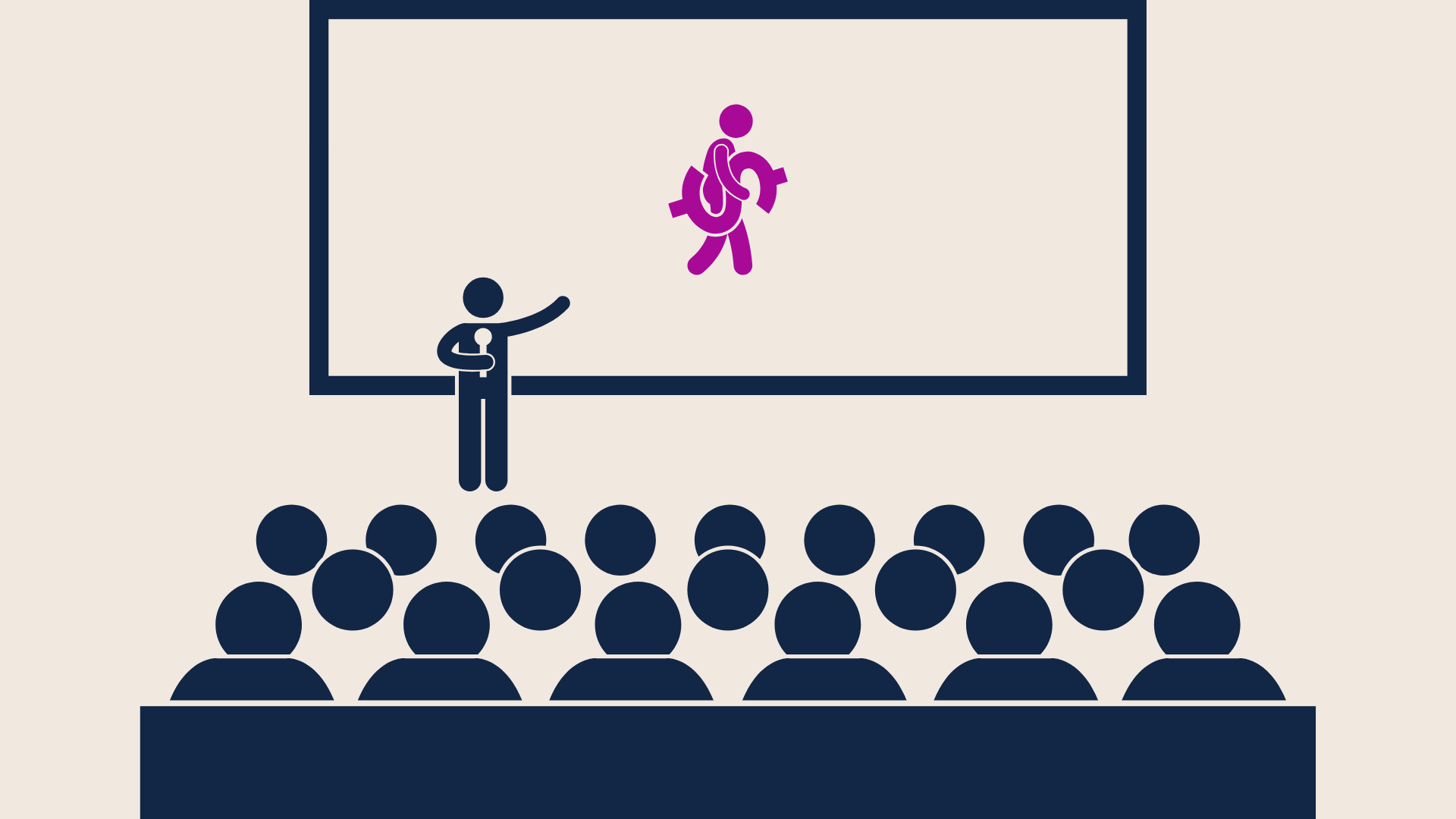 A crowd viewing a presentation with a speaker pointing out a figure holding a dollar sign. 