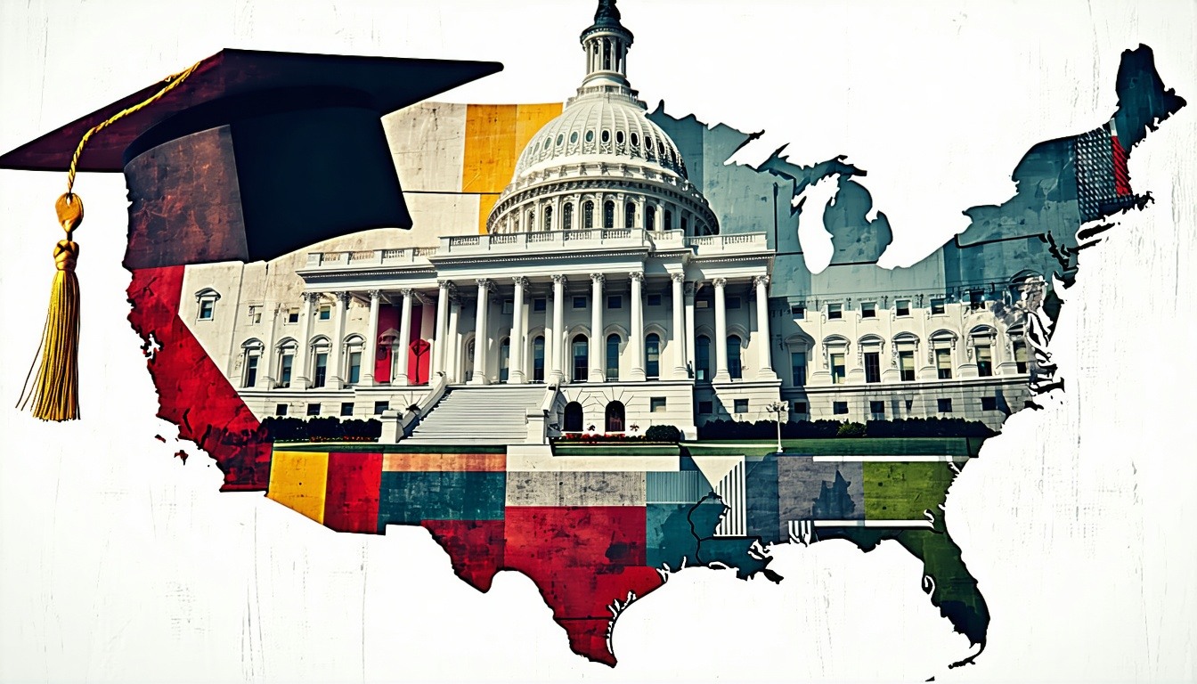 A collage of the white house a graduation cap and the us map