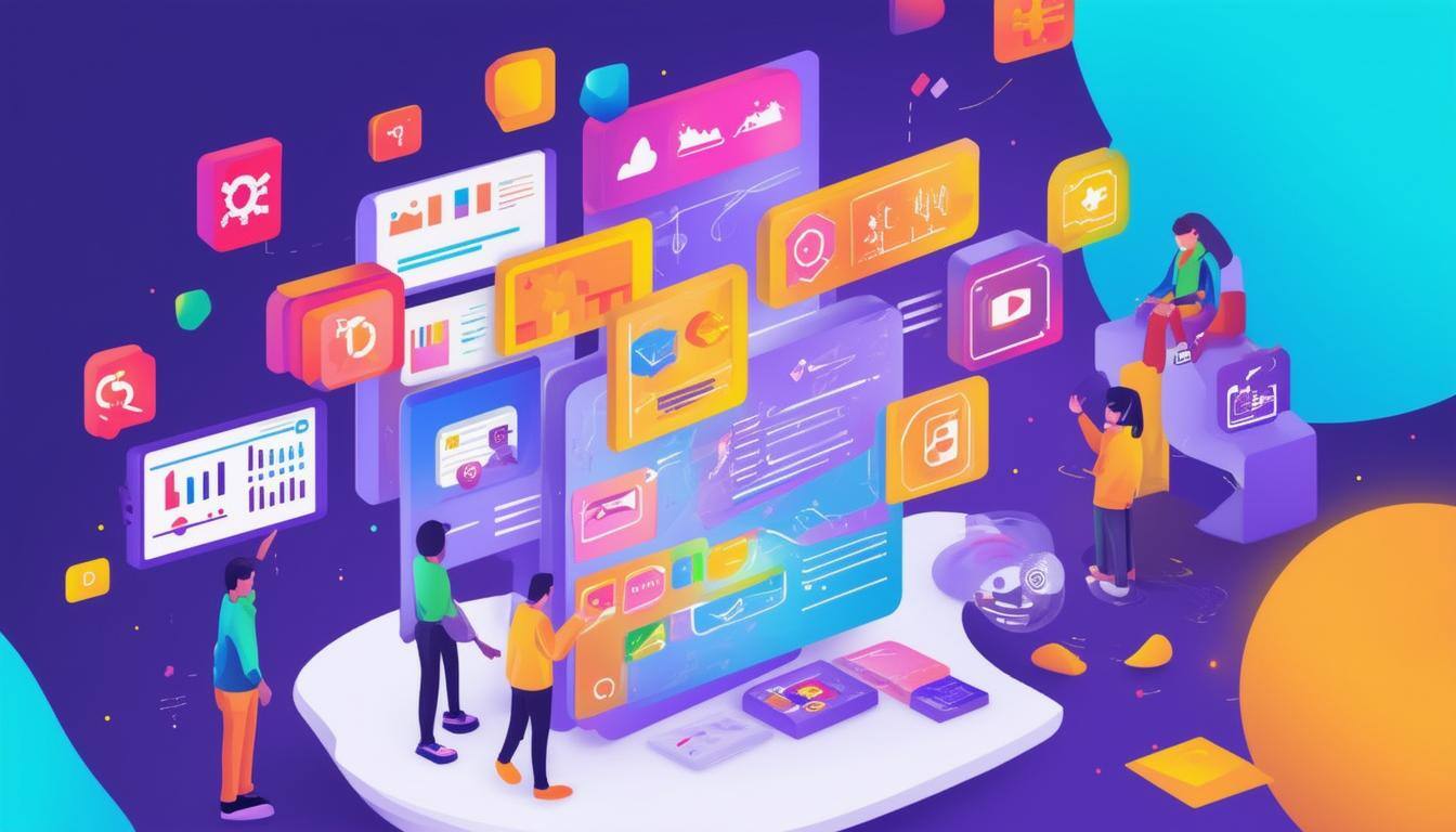 A digital space where figures are interacting with AR interfaces