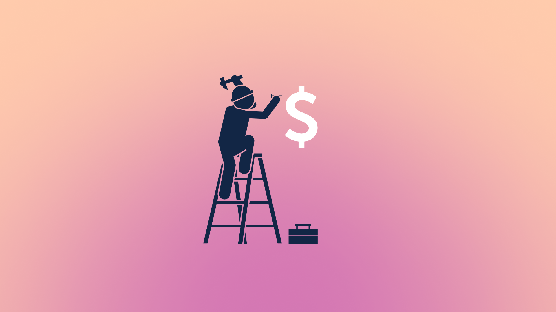 Stick figure on ladder hanging up a dollar sign with tools.