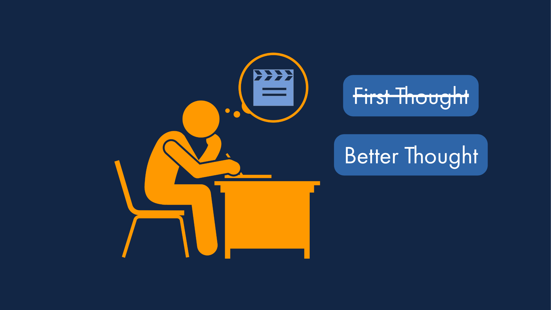 Stick figure sitting at desk rewriting a script