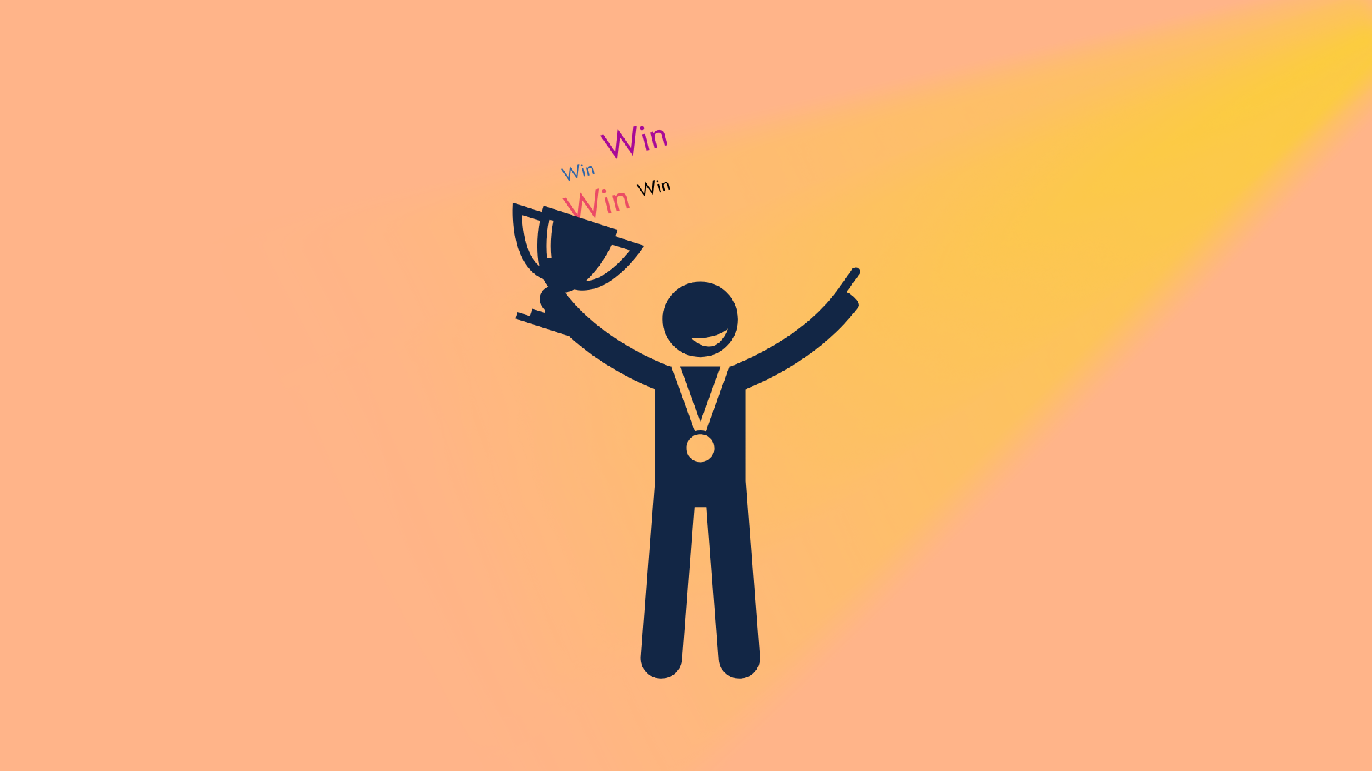 Stick figure in a spotlight holding a trophy with small text 
