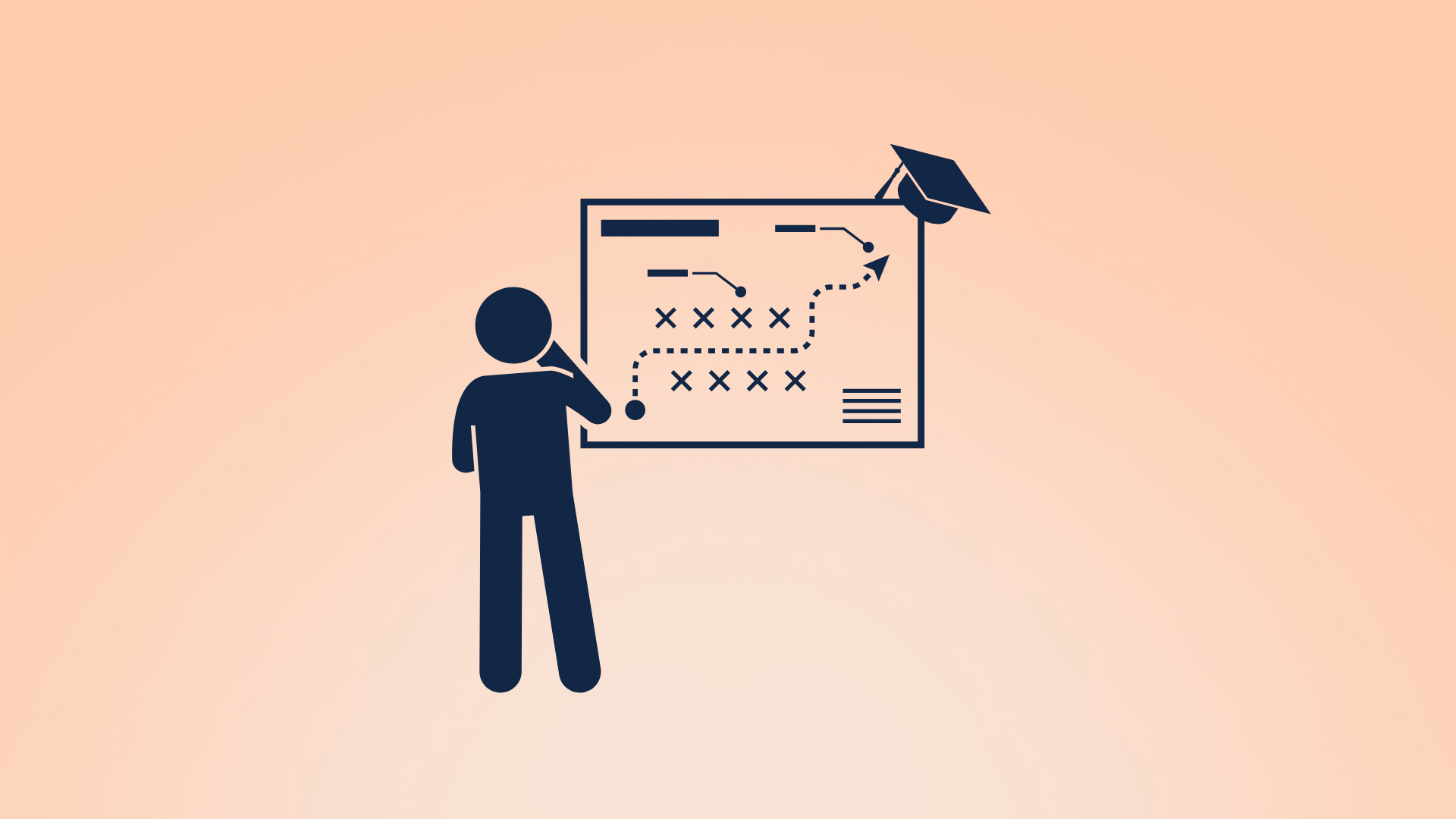 Stick figure looking at a strategy map on the wall leading to a graduation cap