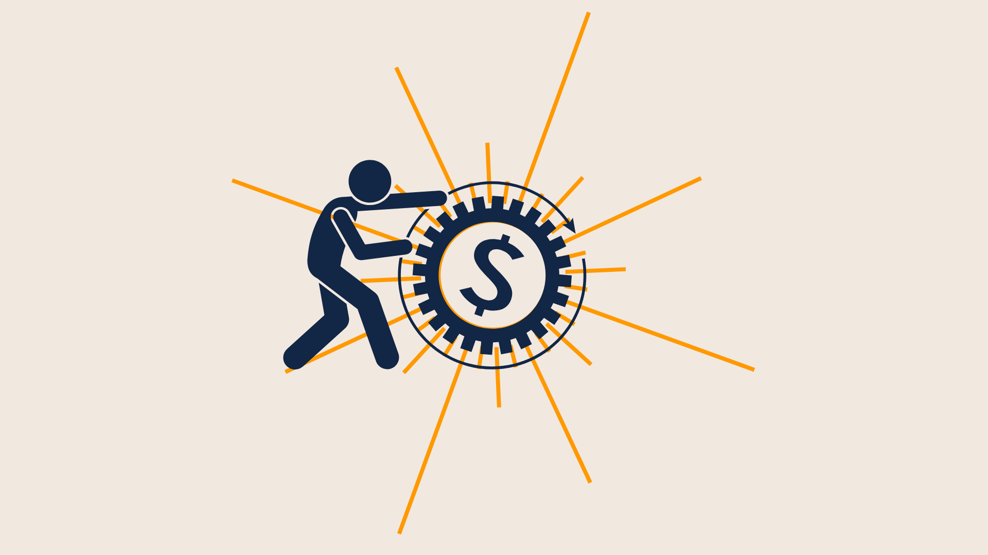 Figure rolling a dollar sign inside a sun