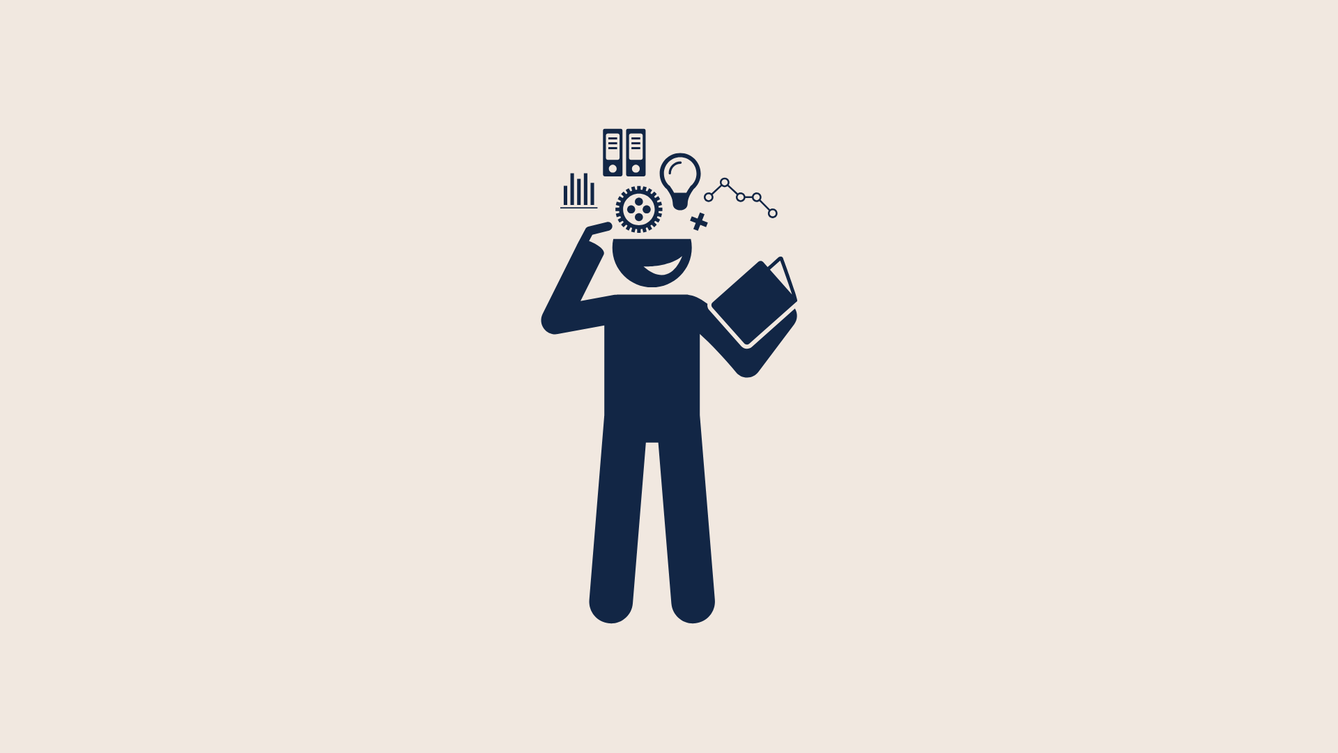 A stick figure with the top half of it's head filled with icons representing knowledge. 